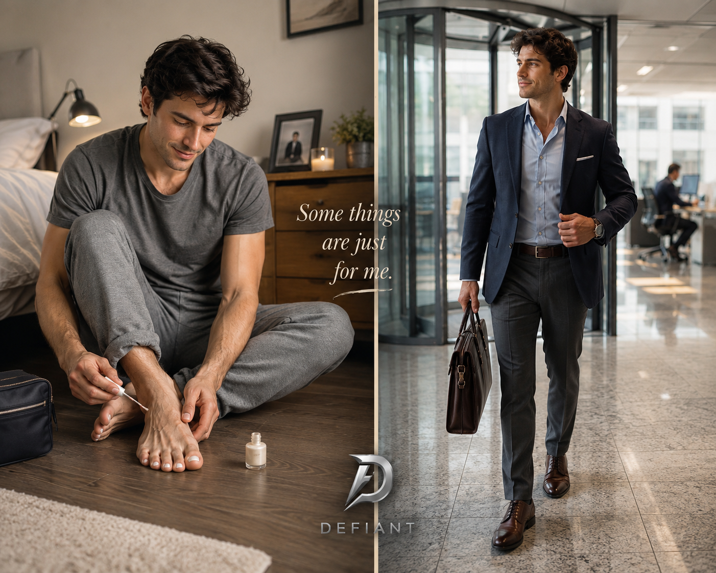 Man applying subtle nail color privately before heading into the world