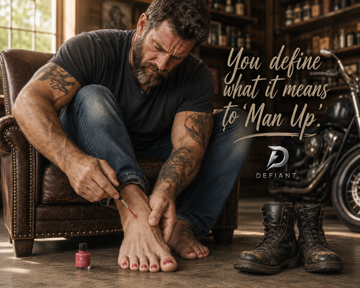 Man applying Defiant nail polish in a refined garage lounge